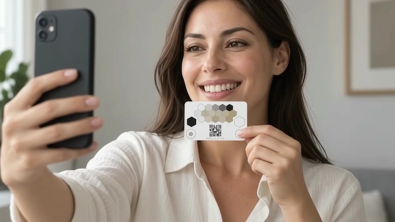 Adult woman taking a selfie of her smile with a Chromic Card at chin level, her index fingertip resting on the card’s fingerprint placement marker.