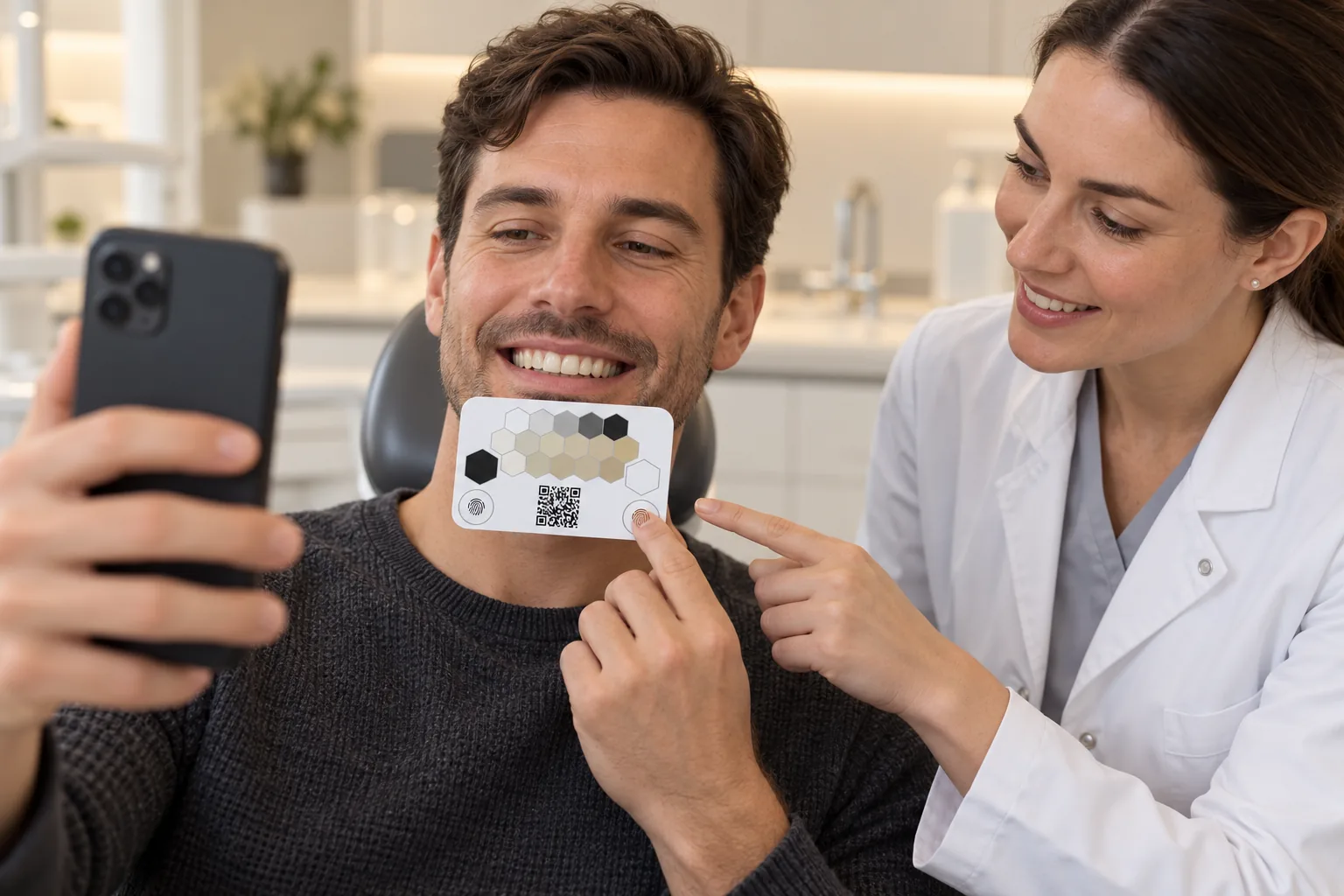 Illustrative scene of a dental professional explaining a guided smile capture with a phone and Chromic card.