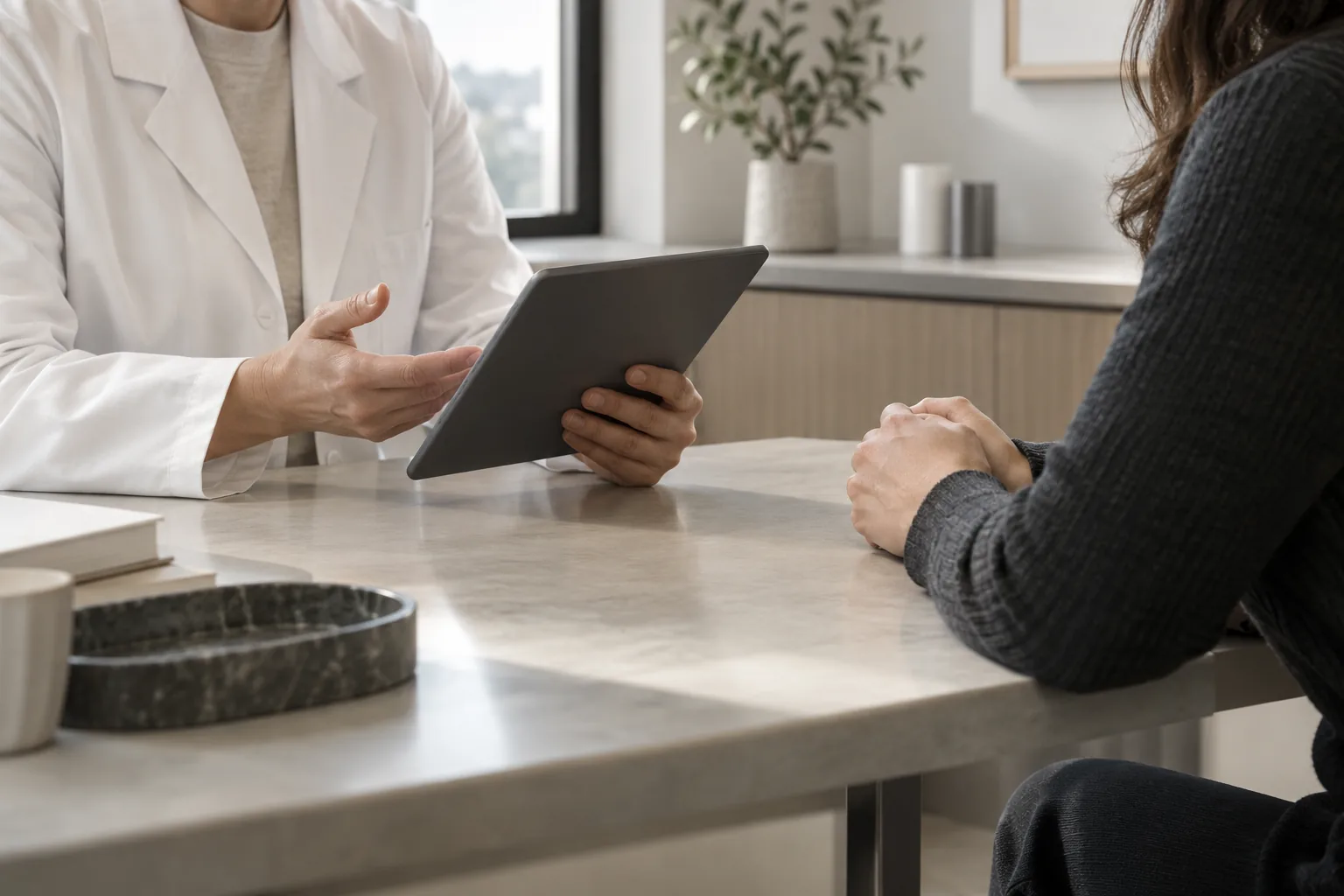 Illustrative consultation between a professional and a patient, with the tablet screen facing away from view.