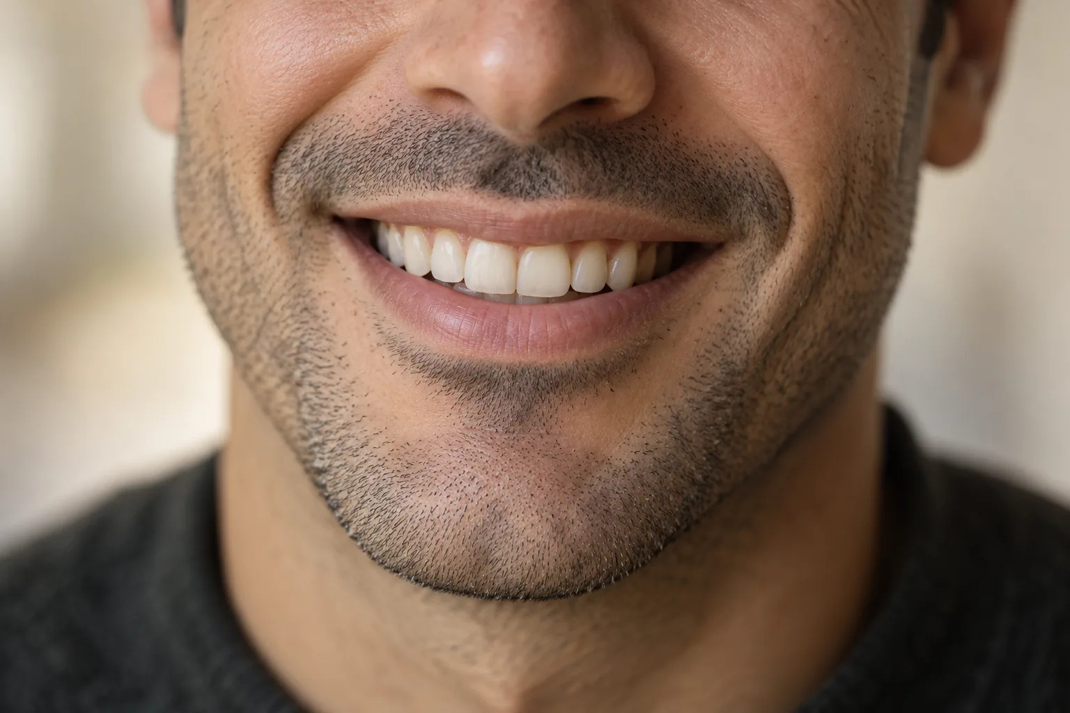 Editorial close-up of an adult’s natural smile in soft light; an illustrative scene.