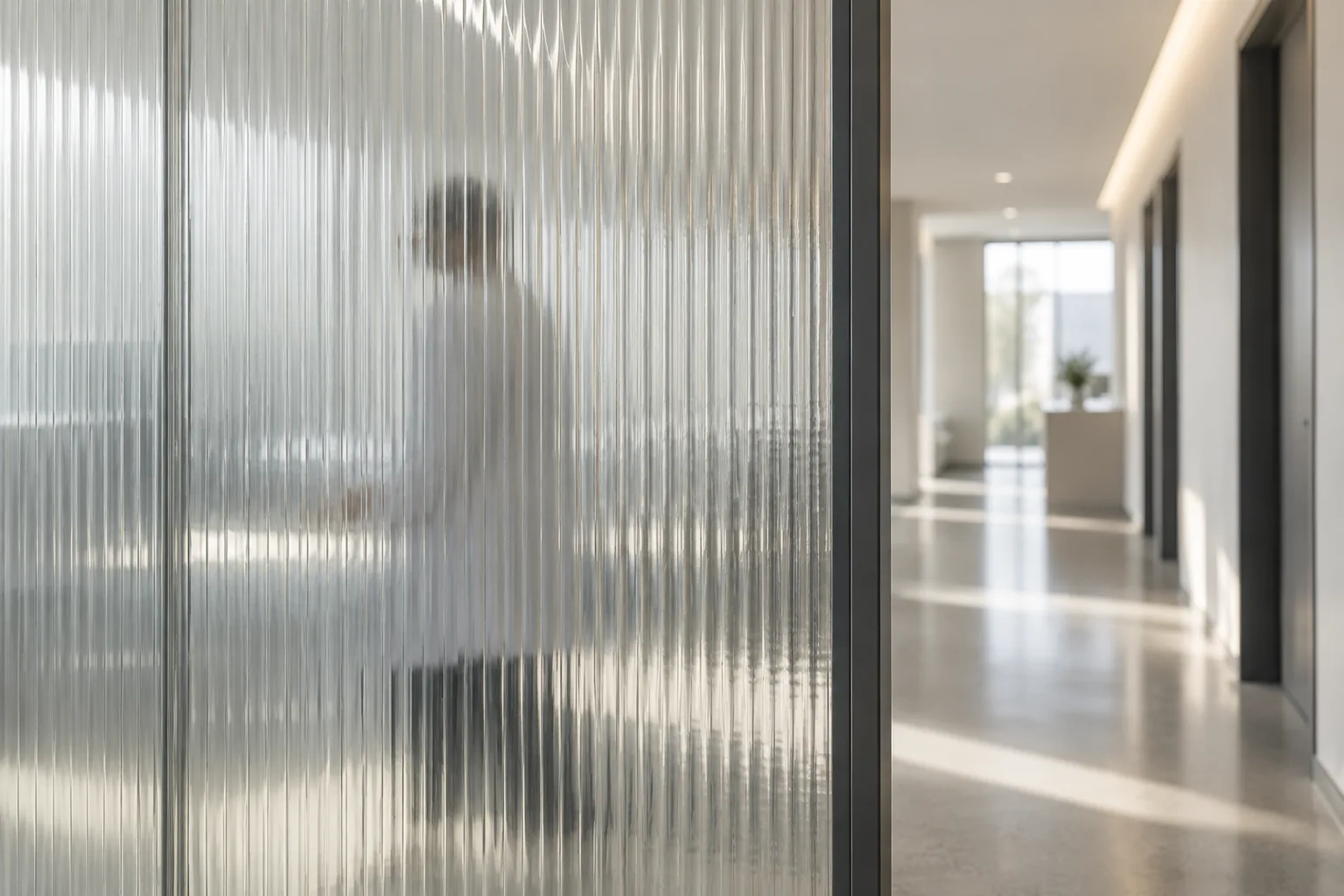 Illustrative privacy scene: translucent glass obscures the person standing behind it.